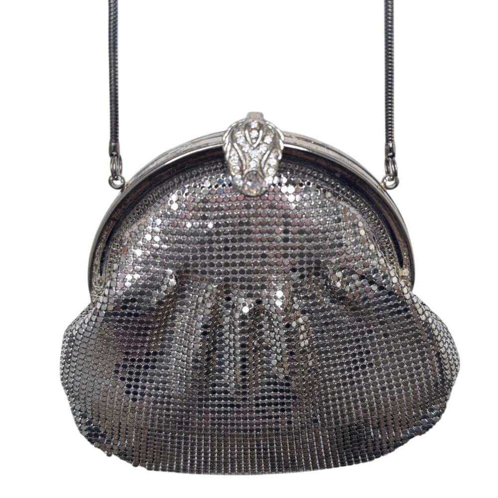 1990s Shals International Silver Mesh Evening Bag Rhinestone Clasp